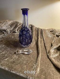 Cobalt Blue Cut Crystal decanter with 3 cordial glasses
