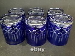 Cobalt Blue Cut To Clear Glass set of 6 Juice Whiskey Glasses Tumblers 3.75h