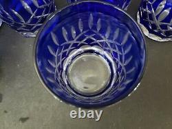 Cobalt Blue Cut To Clear Glass set of 6 Juice Whiskey Glasses Tumblers 3.75h