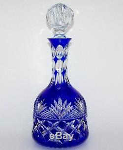 Cobalt Blue Cut-to-Clear Lead Crystal Decanter with Stopper 12 Tall