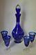 Cobalt Blue Cut To Clear Wine Decanter & 4 Glasses Bohemian