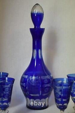 Cobalt Blue Cut to Clear Wine Decanter & 4 glasses Bohemian