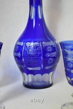 Cobalt Blue Cut to Clear Wine Decanter & 4 glasses Bohemian