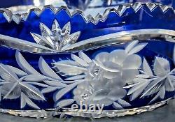 Cobalt Blue Czech Bohemian Lead Crystal Cut to Clear Bowl Saw Tooth Rim Large