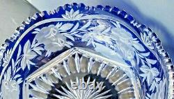 Cobalt Blue Czech Bohemian Lead Crystal Cut to Clear Bowl Saw Tooth Rim Large