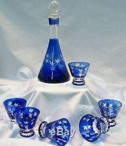 Cobalt Blue Hand Cut Glass Decanter Set with 6 Liqueur Glasses