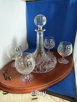 Collectable Crown 24% Lead Crystal Ships Decanter Brandy Set Wooden Stand