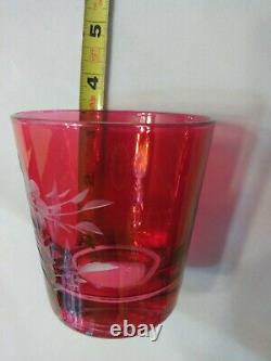 Cranberry Cut To Clear Bohemian 7 Oz Whiskey Glass Rose Pattern