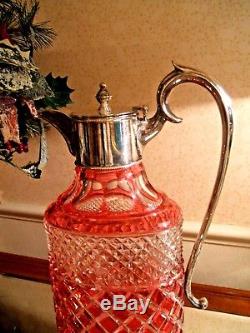 Cranberry Cut To Clear Crystal Glass Claret Decanter Jug Pitcher Excellent