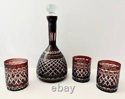 Cranberry Cut to Clear Crystal Decanter in Star & X Design with 3 set Glasses