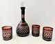 Cranberry Cut To Clear Crystal Decanter In Star & X Design With 3 Set Glasses