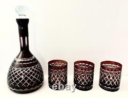 Cranberry Cut to Clear Crystal Decanter in Star & X Design with 3 set Glasses