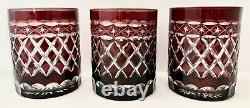 Cranberry Cut to Clear Crystal Decanter in Star & X Design with 3 set Glasses