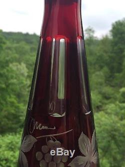 Cranberry Cut to Clear Decanter Wine Glasses Matching Vase 9 Piece Set