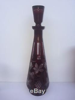 Cranberry Cut to Clear Decanter Wine Glasses Matching Vase 9 Piece Set