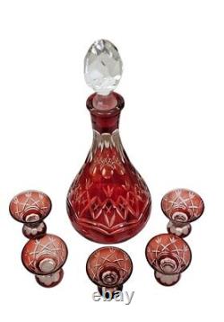 Cranberry Glass Cut to Clear Decanter with5 Shot Glasses Vintage