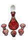 Cranberry Glass Cut To Clear Decanter With5 Shot Glasses Vintage