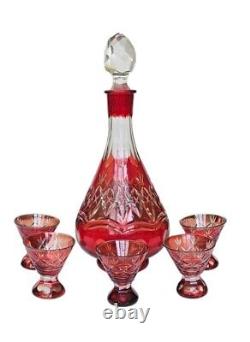 Cranberry Glass Cut to Clear Decanter with5 Shot Glasses Vintage