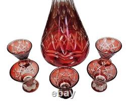 Cranberry Glass Cut to Clear Decanter with5 Shot Glasses Vintage