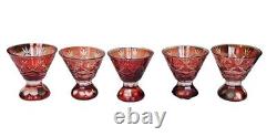 Cranberry Glass Cut to Clear Decanter with5 Shot Glasses Vintage