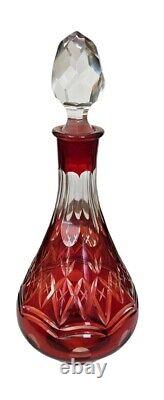 Cranberry Glass Cut to Clear Decanter with5 Shot Glasses Vintage