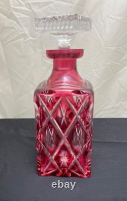 Cranberry Red Iridescent Cut Glass Crystal Square Decanter Vintage
