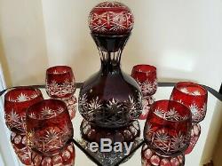 Cranberry cut to clear Decanter and Tumbler Set