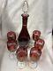Cranberry Red, Cut To Clear Crystal Decanter With Lid And Six Wine Glass Set