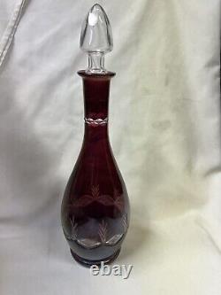 Cranberry red, cut to clear crystal decanter with Lid and six wine glass Set