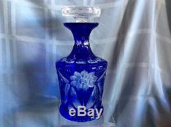 Crystal Cobalt Blue Cut To Clear Bohemian Decanter with Stopper