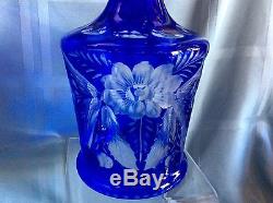 Crystal Cobalt Blue Cut To Clear Bohemian Decanter with Stopper