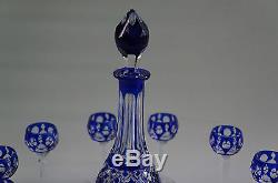 Crystal Cobalt Blue Cut To Clear Czech Bohemian Set Decanter and eleven cup