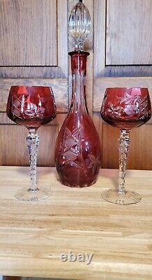 Crystal Cranberry Lausitzer Cut To Clear Decanter And 2 Goblets Bohemian Czech