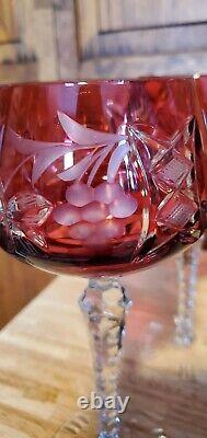 Crystal Cranberry Lausitzer Cut To Clear Decanter And 2 Goblets Bohemian Czech