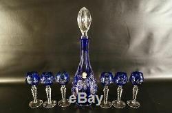 Crystal Cut To Clear Czech Bohemian Blue Decanter and Shut Glasses