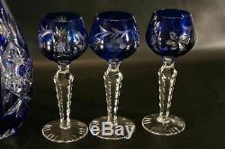 Crystal Cut To Clear Czech Bohemian Blue Decanter and Shut Glasses