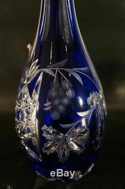 Crystal Cut To Clear Czech Bohemian Blue Decanter and Shut Glasses Set Of 6