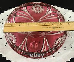 Crystal Ruby Red Cut to Clear Footed Bowl Czech Bohemian Hand Blown Hobstar