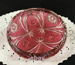 Crystal Ruby Red Cut to Clear Footed Bowl Czech Bohemian Hand Blown Hobstar