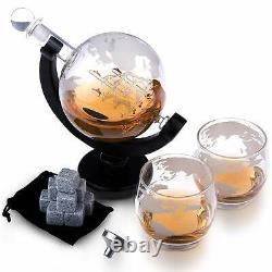 Crystal Whiskey Decanter Set Liquor Scotch Wine World Globe Glasses 9 Stone Gift