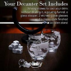 Crystal Whiskey Decanter Set Liquor Scotch Wine World Globe Glasses 9 Stone Gift