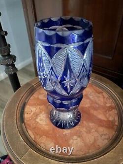 Cut Crystal Cobalt Blue Cut To Clear Bohemian Lead Crystal Vase 9 7/8 Tall