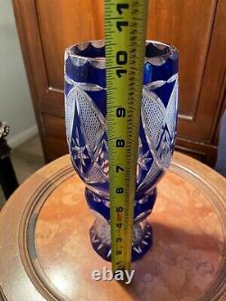 Cut Crystal Cobalt Blue Cut To Clear Bohemian Lead Crystal Vase 9 7/8 Tall