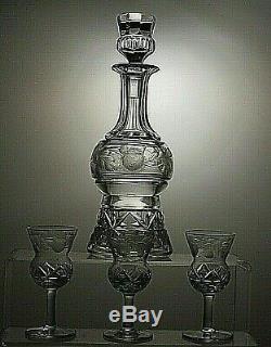 Cut Glass Crystal Very Unique Round Decanter With Sherry Glasses Set Of 3