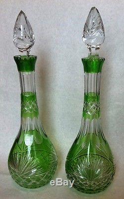 Cut Glass Decanters 2 Matching Green Cut to Clear Decanters
