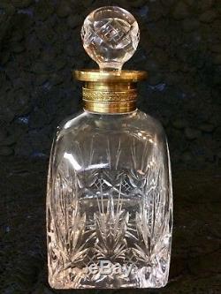 Cut Glass Rectangular Decanter With Brass Color And Cut Glass Stopper