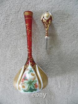 Cut Overlay to Cranberry DECANTER with STOPPER, Hand Painted Porcelain & Gold Gild