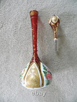 Cut Overlay to Cranberry DECANTER with STOPPER, Hand Painted Porcelain & Gold Gild