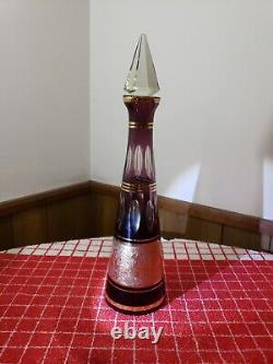 Cut To Clear Crystal Tall Decanter Amethyst Purple With Gold Bands & Horses