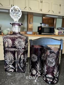 Cut To Clear Vintage Decanter 9.5' & 2 5 1/4' Glasses Amethyst Clear